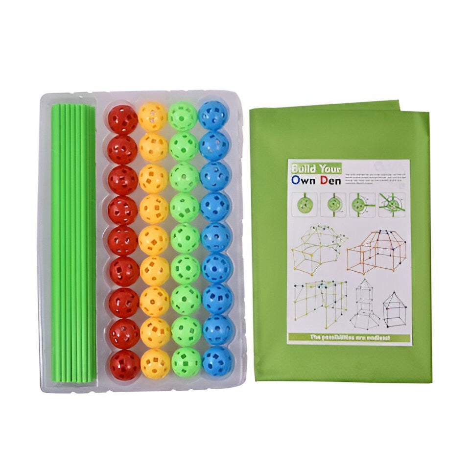 Kit De Constructie Fort 3D, Set Educativ Pentru Creativitate, 87 Piese, Include Panza Verde Impermeabila, 51 Tije, 36 Sfere, Multicolor