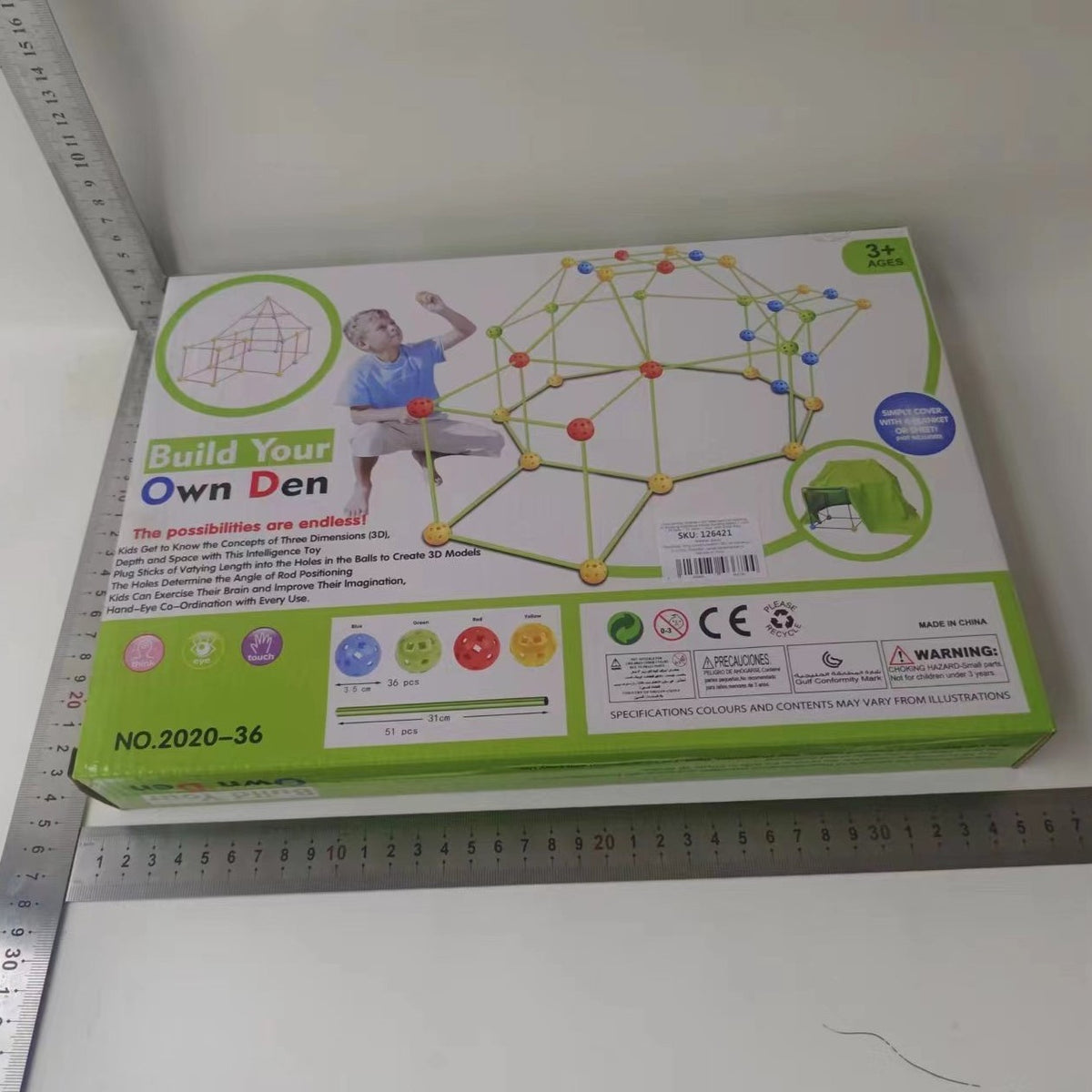 Kit De Constructie Fort 3D, Set Educativ Pentru Creativitate, 87 Piese, Include Panza Verde Impermeabila, 51 Tije, 36 Sfere, Multicolor