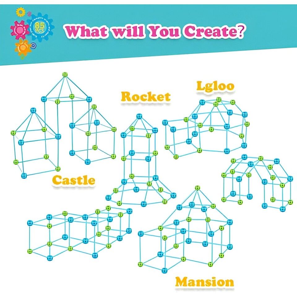 Kit De Constructie Fort 3D, Set Educativ Pentru Creativitate, 87 Piese, Include Panza Verde Impermeabila, 51 Tije, 36 Sfere, Multicolor