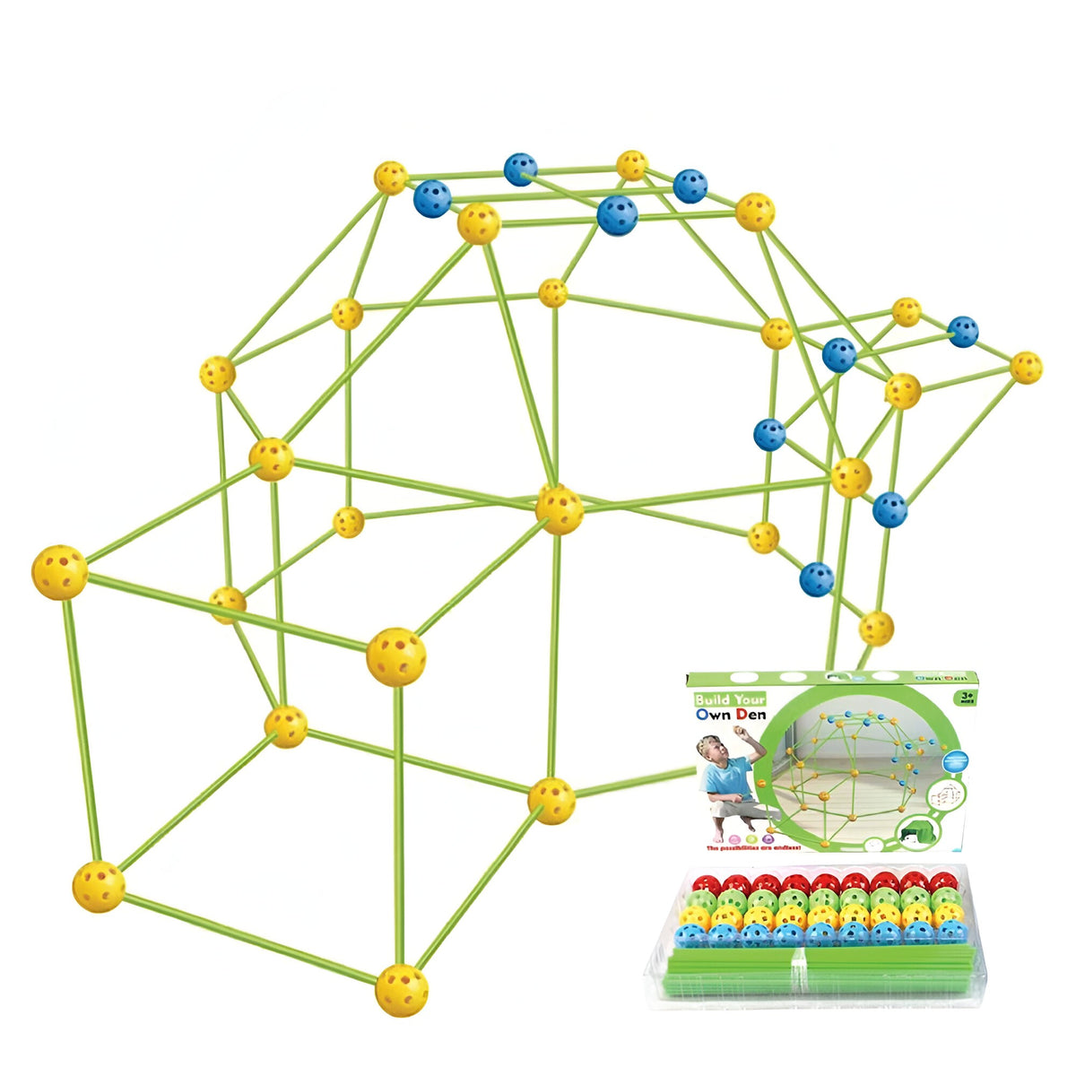 Kit De Constructie Fort 3D, Set Educativ Pentru Creativitate, 87 Piese, Include Panza Verde Impermeabila, 51 Tije, 36 Sfere, Multicolor