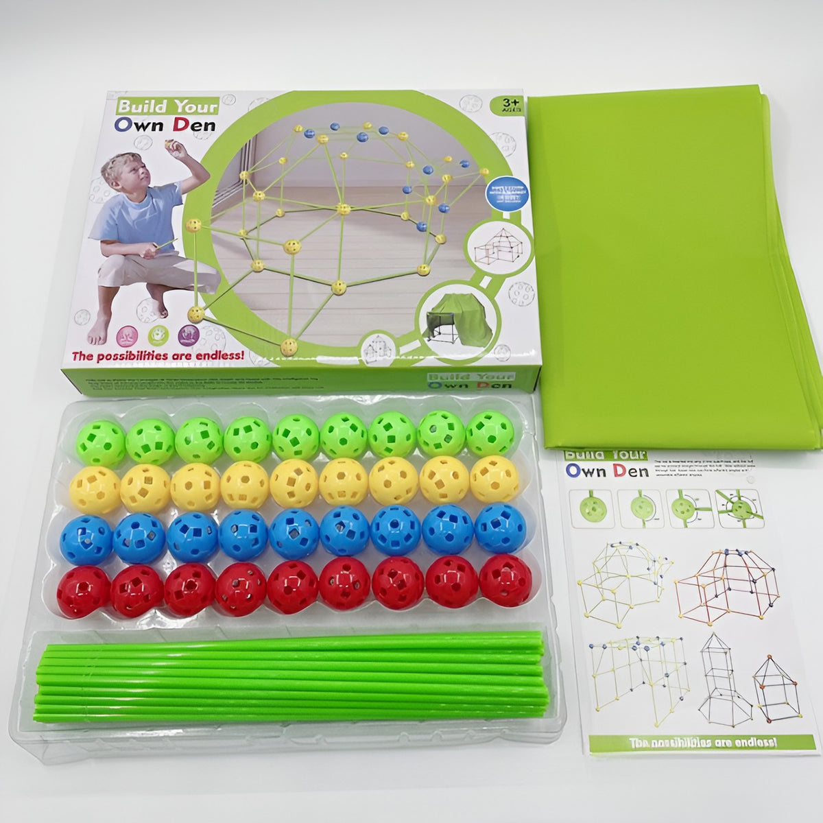Kit De Constructie Fort 3D, Set Educativ Pentru Creativitate, 87 Piese, Include Panza Verde Impermeabila, 51 Tije, 36 Sfere, Multicolor