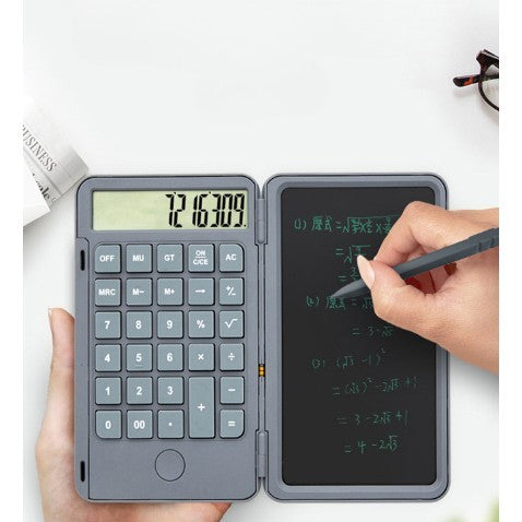 Calculator de Mana Portabil cu Tabla de Scris LCD, Afisaj 12 Cifre, Design Pliabil, Reincarcabil USB Tip C, Ecran 15 cm, Gri
