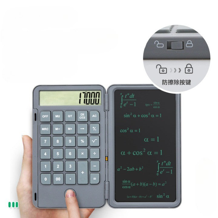Calculator de Mana Portabil cu Tabla de Scris LCD, Afisaj 12 Cifre, Design Pliabil, Reincarcabil USB Tip C, Ecran 15 cm, Gri