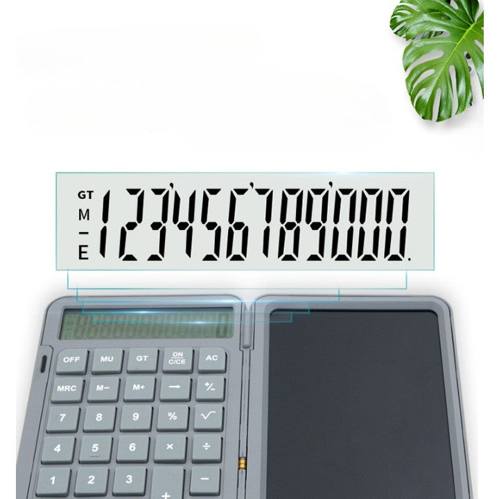 Calculator de Mana Portabil cu Tabla de Scris LCD, Afisaj 12 Cifre, Design Pliabil, Reincarcabil USB Tip C, Ecran 15 cm, Gri