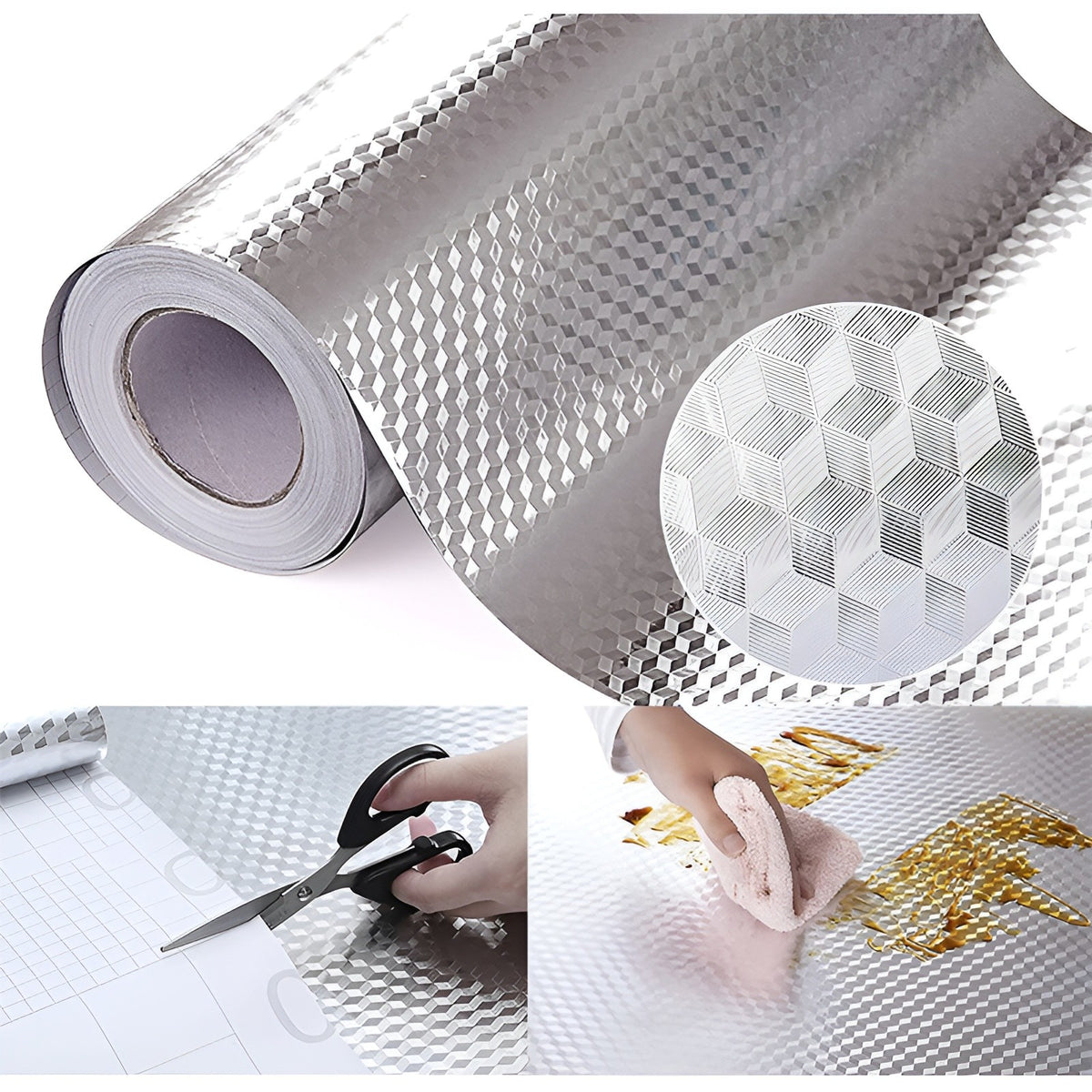 Autocolant Bucătărie Rezistent la Ulei și Temperaturi Înalte, Folie de Aluminiu Autoadezivă, Protecție Impermeabilă pentru Dulapuri și Blat, Material Termorezistent, Argintiu, 60 cm x 10 m