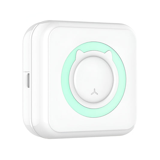 Mini Imprimanta Foto Portabila, Tehnologie Termica Fara Tus, Conexiune Bluetooth Smartphone, Model Pisica, Set 13 Role Hartie si Pixuri, Incarcare USB, Alb/Verde