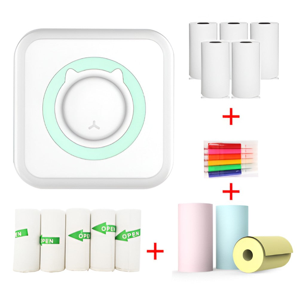 Mini Imprimanta Foto Portabila, Tehnologie Termica Fara Tus, Conexiune Bluetooth Smartphone, Model Pisica, Set 13 Role Hartie si Pixuri, Incarcare USB, Alb/Verde