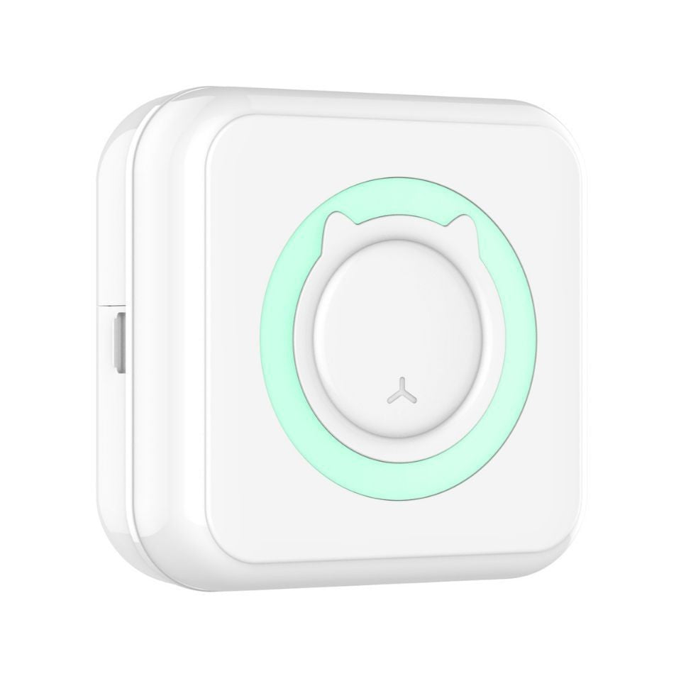 Mini Imprimanta Foto Portabila, Tehnologie Termica Fara Tus, Conexiune Bluetooth Smartphone, Model Pisica, Set 13 Role Hartie si Pixuri, Incarcare USB, Alb/Verde