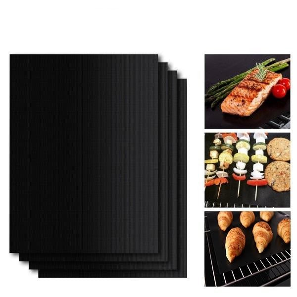 Set Folii Antiaderente Pentru Gratar Si Cuptor, Protectie Reutilizabila Rezistenta La Caldura, Teflon Si Fibra De Sticla, 40x33 cm, 4 Bucati, Negru
