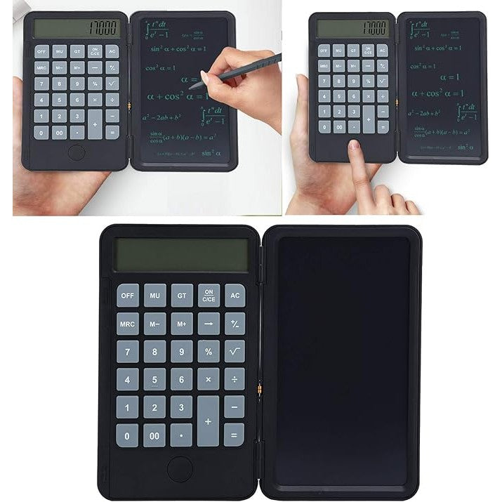 Calculator de Birou si Mana cu Tabla de Scris LCD, Ecran 15 cm, Afisaj 12 Cifre, Pliabil si Reincarcabil USB-C, Stylus Inclus, Negru