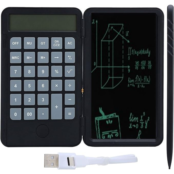 Calculator de Birou si Mana cu Tabla de Scris LCD, Ecran 15 cm, Afisaj 12 Cifre, Pliabil si Reincarcabil USB-C, Stylus Inclus, Negru