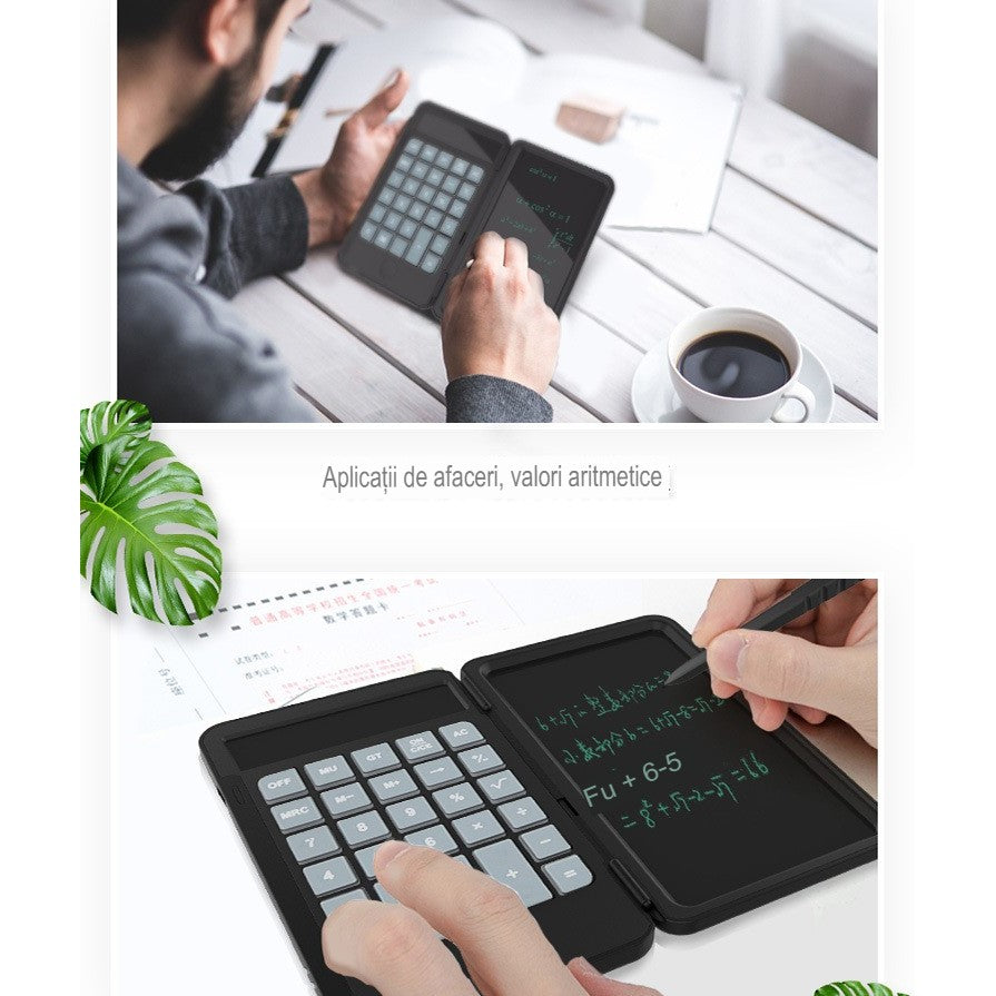Calculator de Birou si Mana cu Tabla de Scris LCD, Ecran 15 cm, Afisaj 12 Cifre, Pliabil si Reincarcabil USB-C, Stylus Inclus, Negru