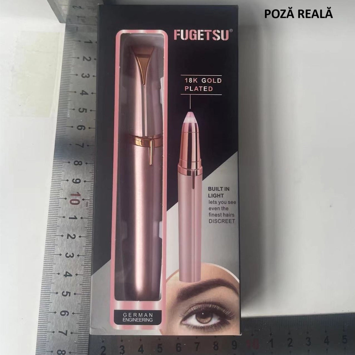 Epilator Sprancene si Aparat de Tuns Facial de Precizie, Lumina LED Incorporata, Cap Otel Inoxidabil Aurit, Portabil, Tip Creion, Roz Gold