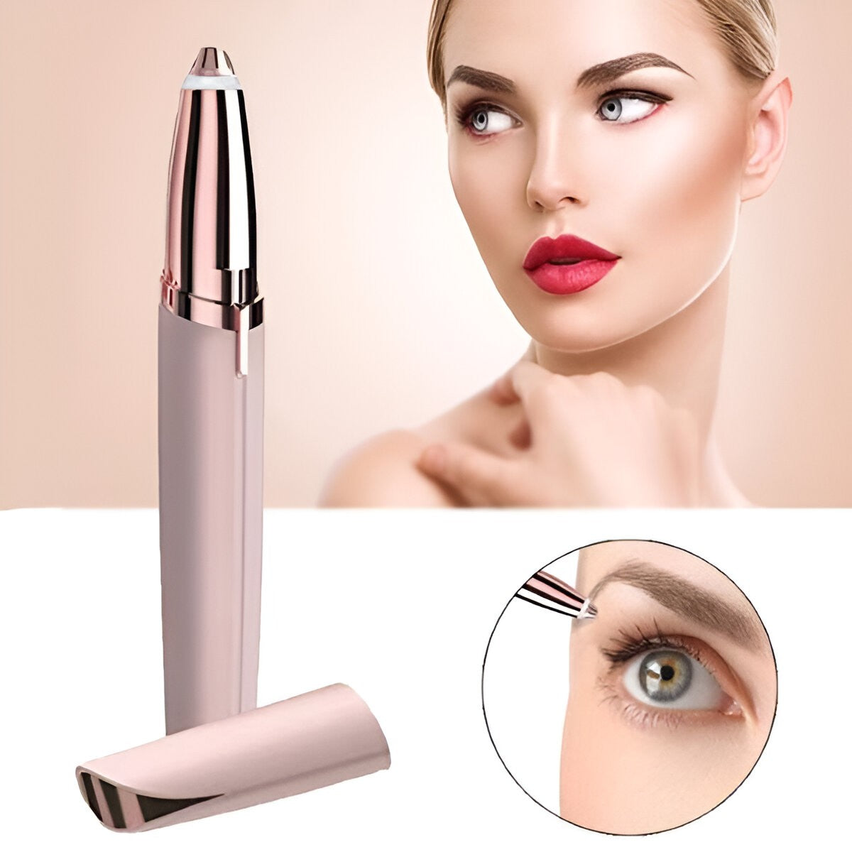 Epilator Sprancene si Aparat de Tuns Facial de Precizie, Lumina LED Incorporata, Cap Otel Inoxidabil Aurit, Portabil, Tip Creion, Roz Gold