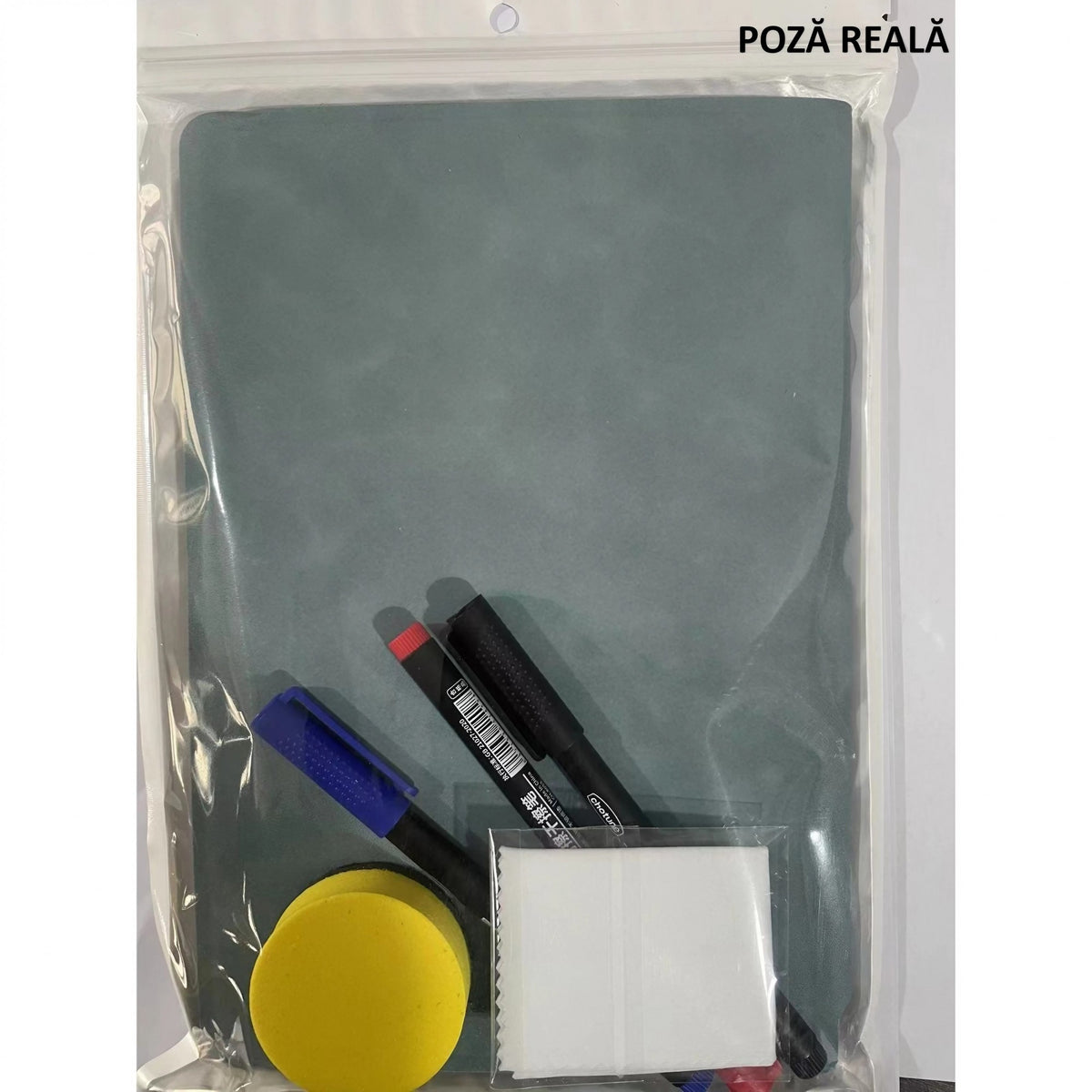 Agenda A5 Reutilizabila cu Pagini Tip Tabla si Stergere Uscata, Caiet Reutilizabil din Piele Ecologica, Set 6 Piese cu 3 Markere, Burete si Laveta, 24 x 16.5 cm, Verde