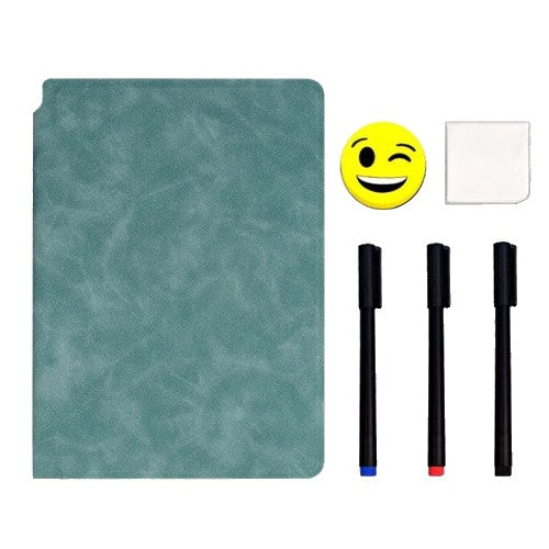 Agenda A5 Reutilizabila cu Pagini Tip Tabla si Stergere Uscata, Caiet Reutilizabil din Piele Ecologica, Set 6 Piese cu 3 Markere, Burete si Laveta, 24 x 16.5 cm, Verde