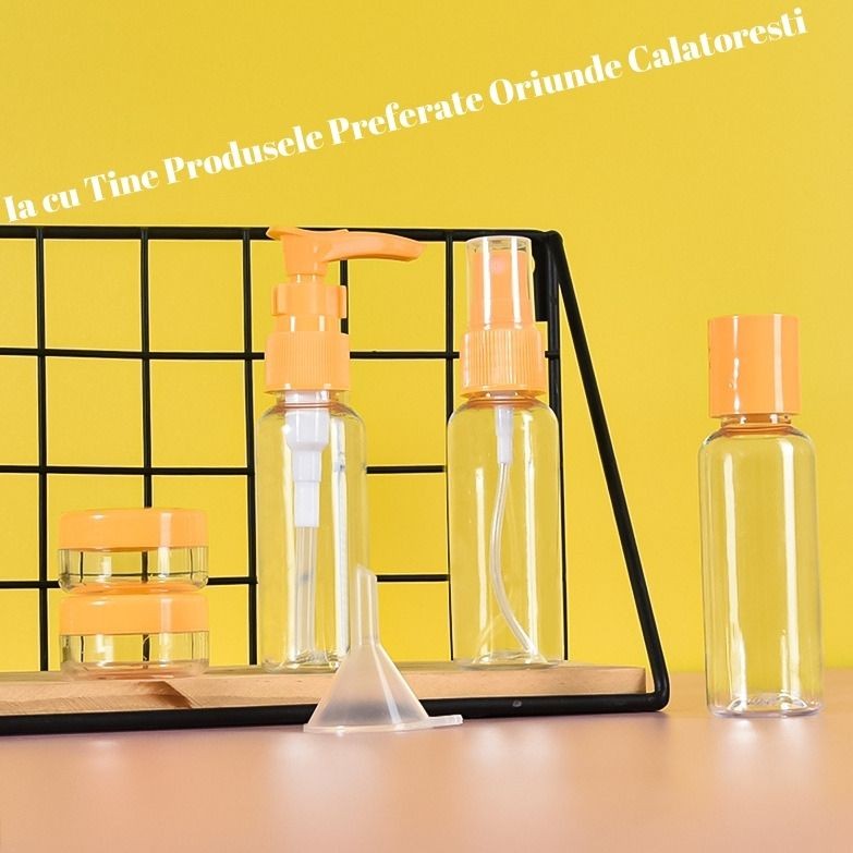 Set Recipiente pentru Cosmetice, Kit Calatorie Reutilizabil cu Gentuta, Plastic, Portocaliu, 5 Piese, 40 ml si 10 g