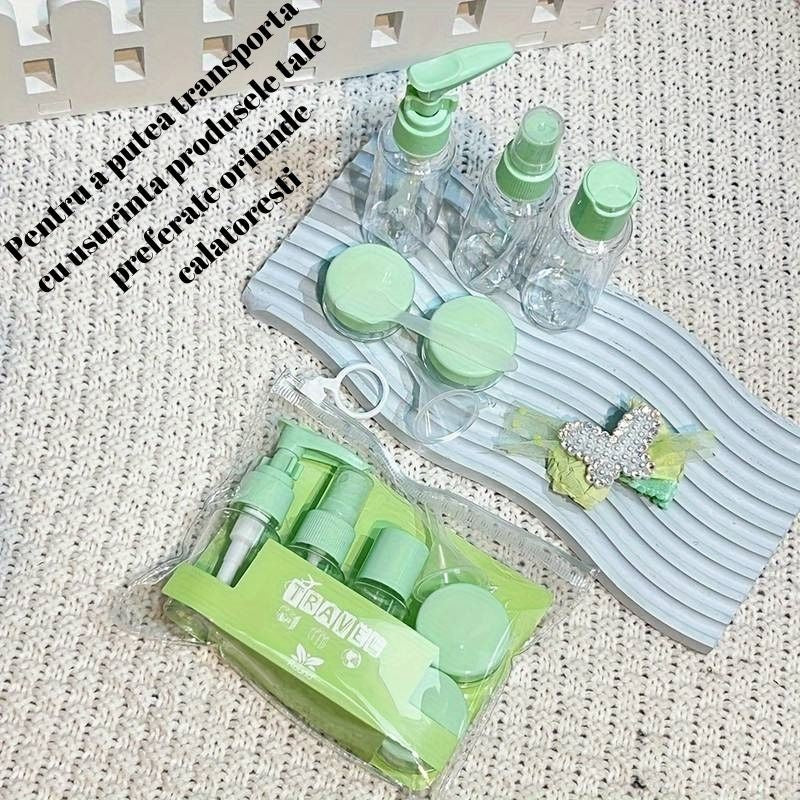 Set Recipiente Calatorie pentru Cosmetice, Kit Reutilizabil cu Gentuta Transparenta, Plastic Rezistent, Verde, 5 Piese, 40 ml si 10 g