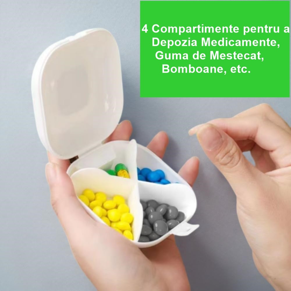 Cutie Depozitare Medicamente, Organizator Pastile Portabil cu 4 Compartimente, Inchidere Etans, Plastic PP fara BPA, Alb/Negru, 7.6x2.9x7.8 cm