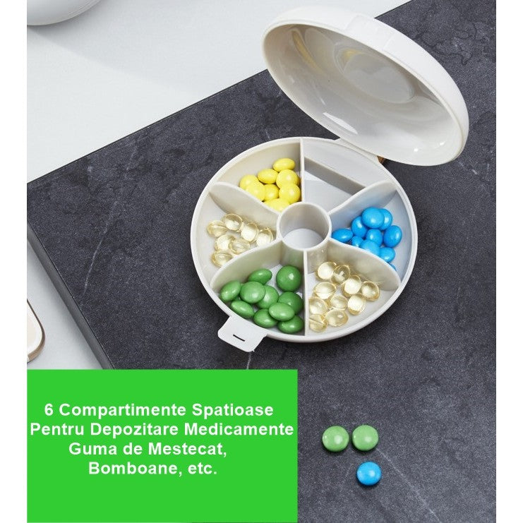 Cutie Depozitare Medicamente, Organizator Pastile Portabil cu 6 Compartimente, Inchidere Etans si Sistem Push, Material PP Fara BPA, Forma Rotunda, Alb/Negru, 8.4x2.9x8.5 cm