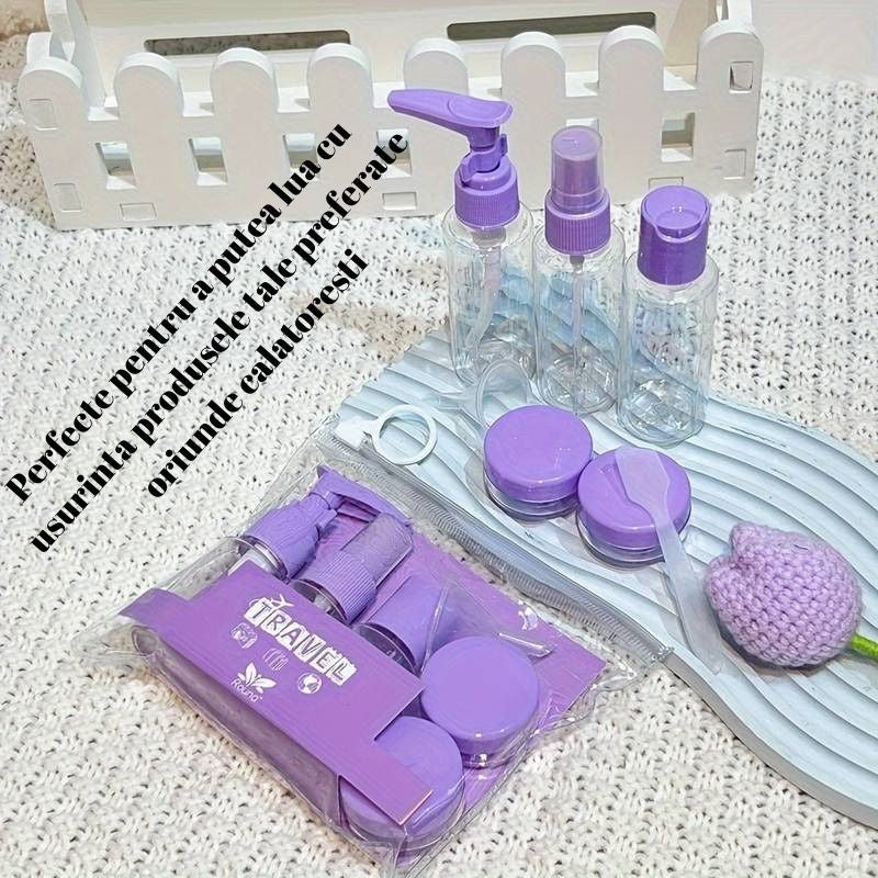 Set Recipiente pentru Cosmetice, Kit Calatorie Reutilizabil cu Gentuta Inclusa, Material Plastic, 5 Piese, Mov, 40 ml si 10 g