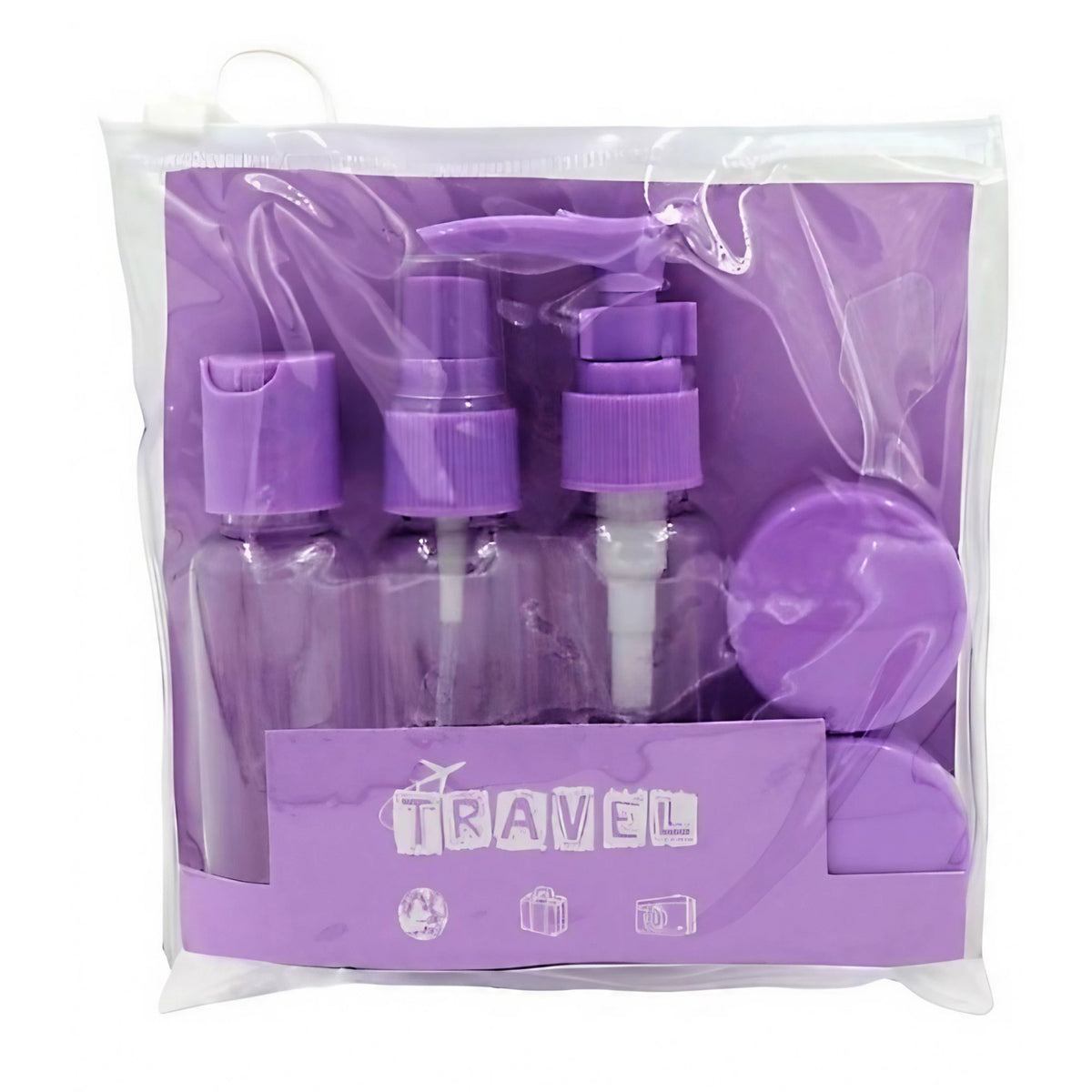 Set Recipiente pentru Cosmetice, Kit Calatorie Reutilizabil cu Gentuta Inclusa, Material Plastic, 5 Piese, Mov, 40 ml si 10 g