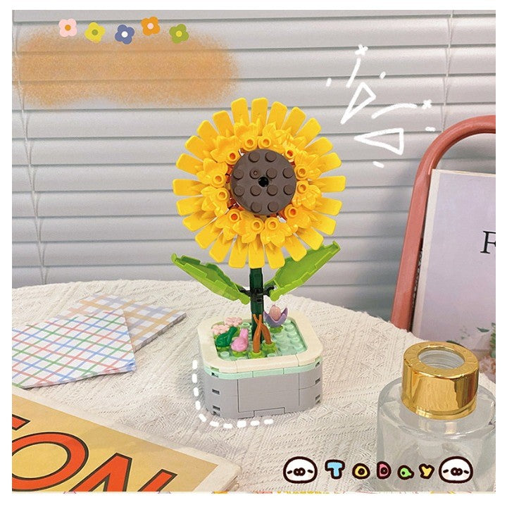 Set de Constructie Floarea Soarelui in Ghiveci, Blocuri de Construit Tip Puzzle 3D, Ornament Creativ DIY, Plastic ABS, 16x6.2 cm, Galben, 4 Ani+