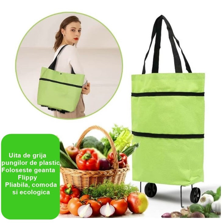 Geanta Cumparaturi Pliabila 2 in 1, Carucior cu Roti Reutilizabil si Ecologic, Material Rezistent, Capacitate 19 l, Verde, 39 x 46 x 12 cm