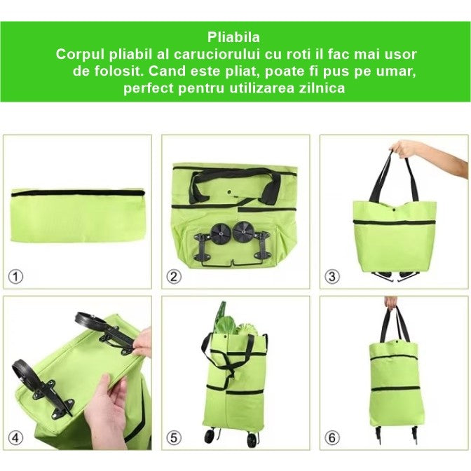 Geanta Cumparaturi Pliabila 2 in 1, Carucior cu Roti Reutilizabil si Ecologic, Material Rezistent, Capacitate 19 l, Verde, 39 x 46 x 12 cm