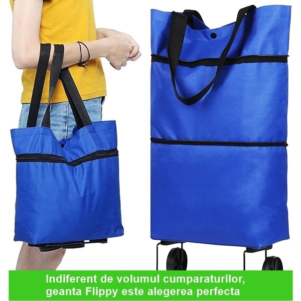 Geanta Cumpărături Pliabilă, Carucior 2 în 1 cu Roti, Sac Reutilizabil și Ecologic, Material Plastic Rezistent, 19 l, 39 x 46 x 12 cm, Albastru