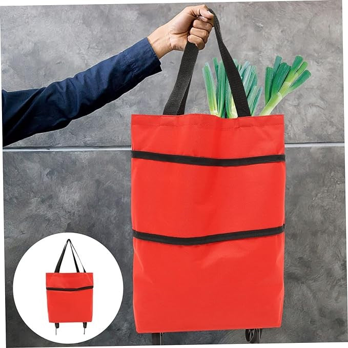 Geanta Cumparaturi Pliabila cu Roti, Carucior 2 in 1 Reutilizabil si Compact, Material Rezistent, 19 l, Rosu, 39 x 46 x 12 cm