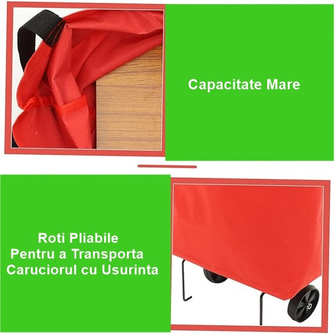 Geanta Cumparaturi Pliabila cu Roti, Carucior 2 in 1 Reutilizabil si Compact, Material Rezistent, 19 l, Rosu, 39 x 46 x 12 cm