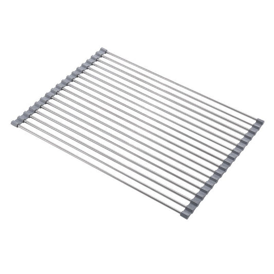 Covoras de Scurgere Chiuveta Bucatarie, Suport Pliabil pentru Vase si Legume, Otel Inoxidabil si Silicon, 15 Tuburi, 37x30 cm, Gri