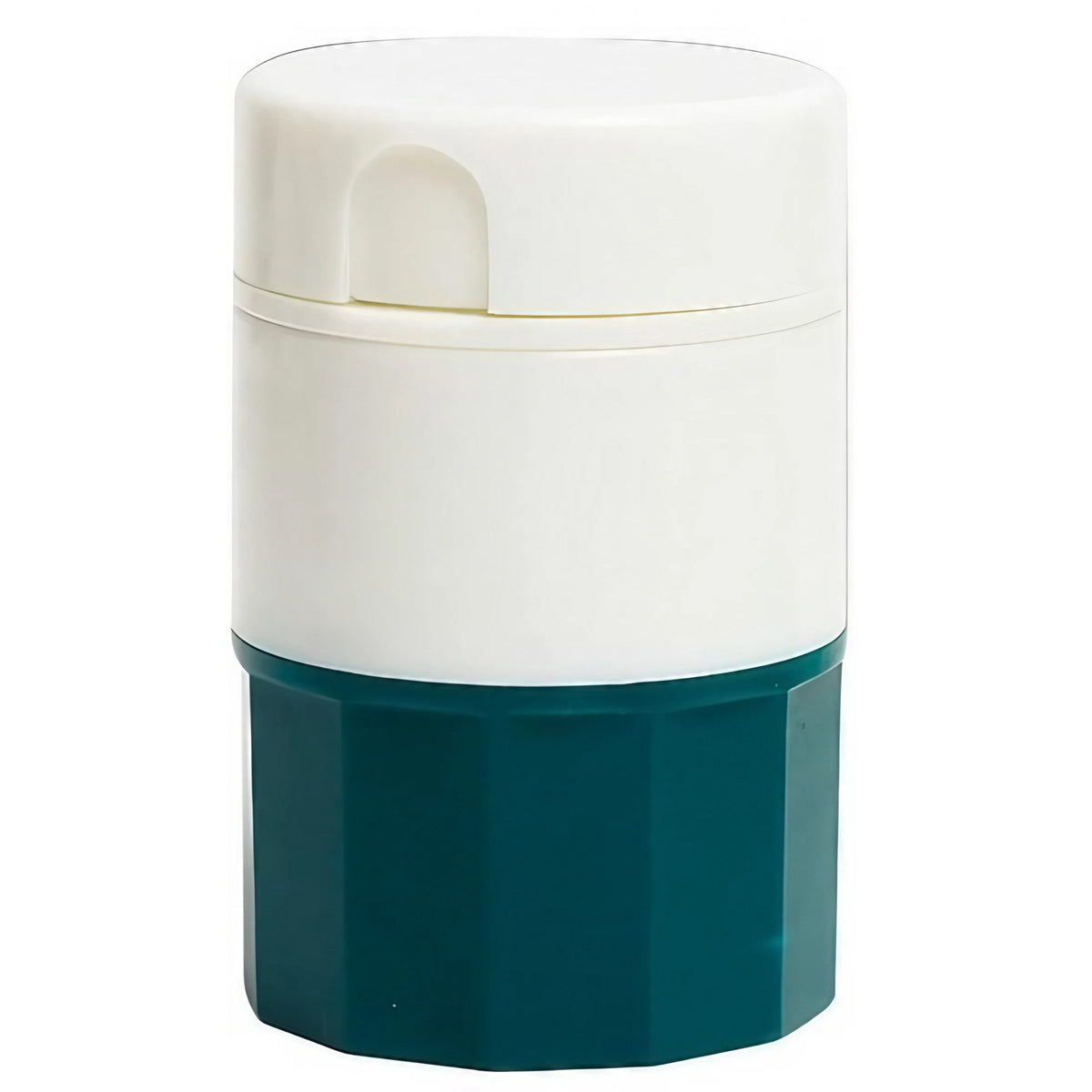 Cutie Pastile Multifunctionala 4 in 1, Dispozitiv pentru Taiere, Macinare si Depozitare, Pahar Apa Inclus, ABS cu Lama Inox, Alb/Verde, 8.7x6.2x4.1 cm