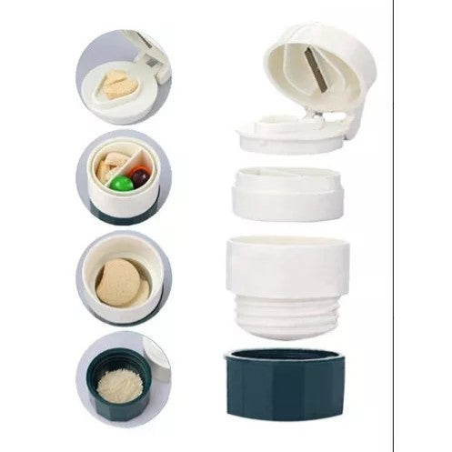 Cutie Pastile Multifunctionala 4 in 1, Dispozitiv pentru Taiere, Macinare si Depozitare, Pahar Apa Inclus, ABS cu Lama Inox, Alb/Verde, 8.7x6.2x4.1 cm