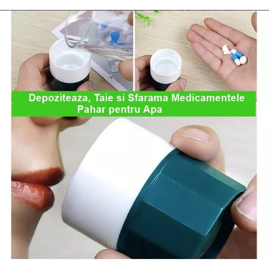 Cutie Pastile Multifunctionala 4 in 1, Dispozitiv pentru Taiere, Macinare si Depozitare, Pahar Apa Inclus, ABS cu Lama Inox, Alb/Verde, 8.7x6.2x4.1 cm