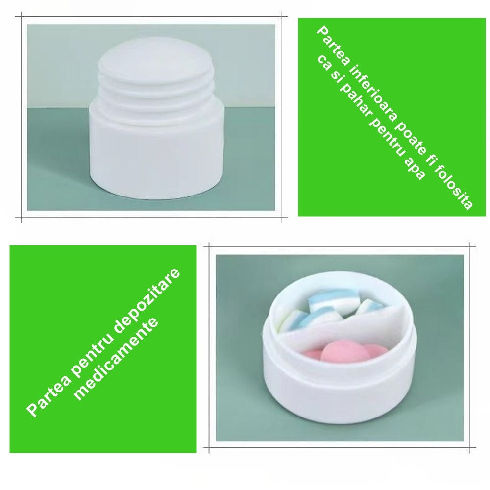 Cutie Pastile Multifunctionala 4 in 1, Taietor, Zdrobitor, Organizator si Pahar Apa, ABS cu Lama Inox, Alb, 8.7x6.2x4.1 cm
