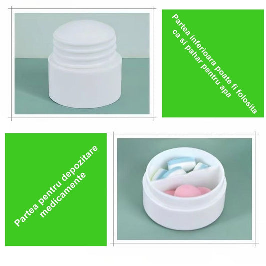 Cutie Pastile Multifunctionala 4 in 1, Taietor, Zdrobitor, Organizator si Pahar Apa, ABS cu Lama Inox, Alb, 8.7x6.2x4.1 cm