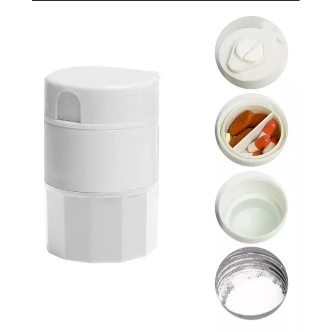 Cutie Pastile Multifunctionala 4 in 1, Taietor, Zdrobitor, Organizator si Pahar Apa, ABS cu Lama Inox, Alb, 8.7x6.2x4.1 cm