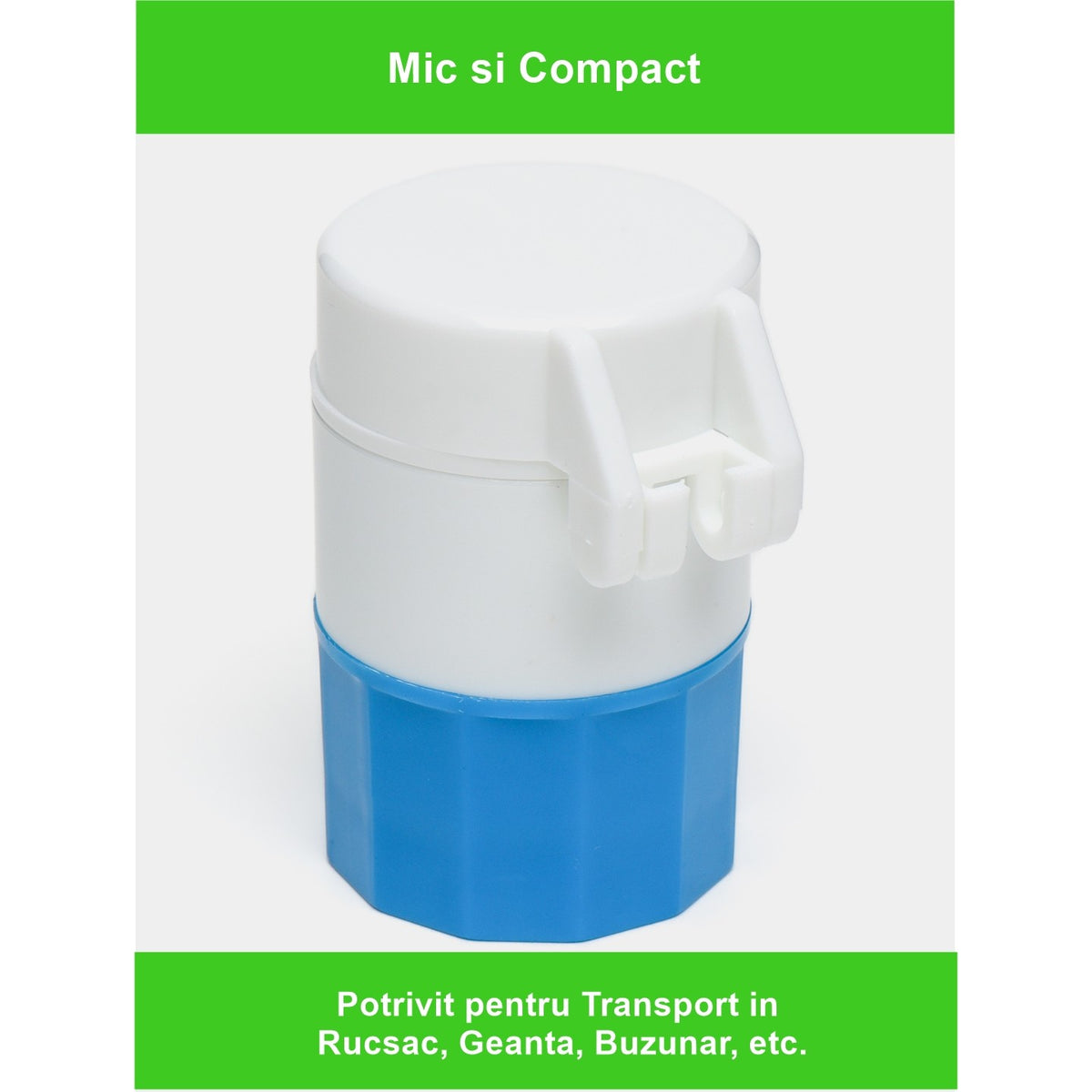 Organizator Pastile Multifunctional 4 in 1, Dispozitiv Taiere, Sfaramare si Depozitare Medicamente, Include Pahar Apa, ABS si Lama Inox, Compact, Alb/Albastru, 8.7x6.2x4.1 cm