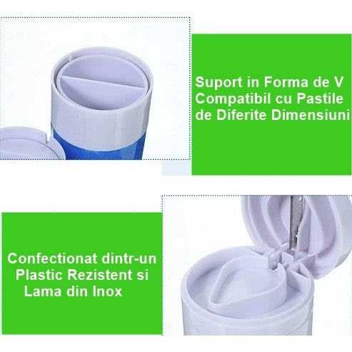 Organizator Pastile Multifunctional 4 in 1, Dispozitiv Taiere, Sfaramare si Depozitare Medicamente, Include Pahar Apa, ABS si Lama Inox, Compact, Alb/Albastru, 8.7x6.2x4.1 cm