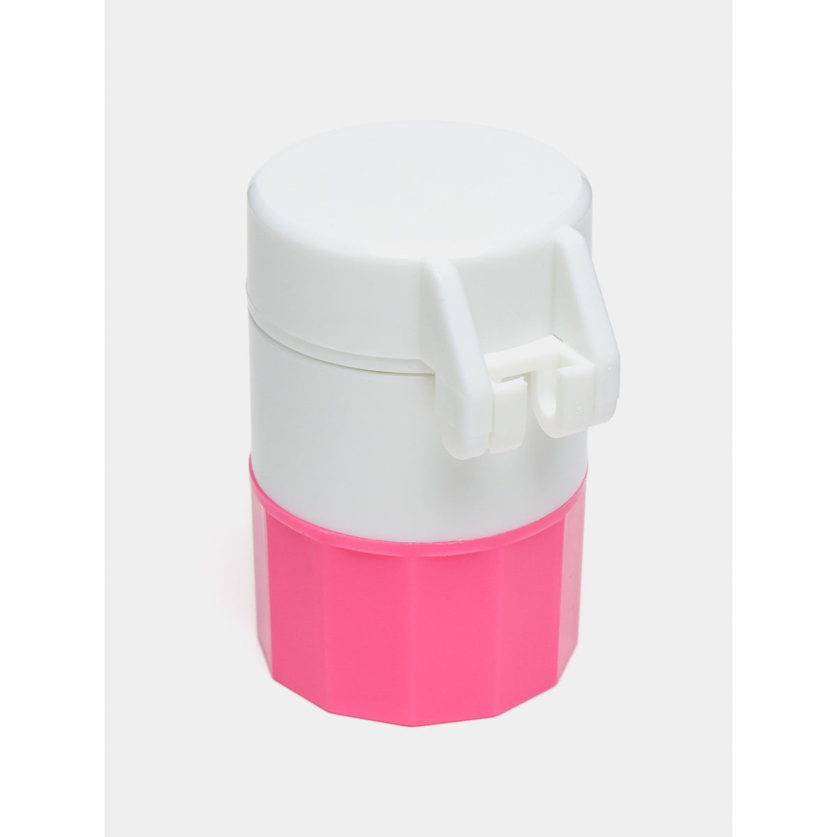 Cutie Pastile Multifunctionala 4 in 1, Organizator cu Taietor, Sfaramator si Pahar Apa, ABS cu Lama Inox, Alb/Roz, 8.7x6.2x4.1 cm