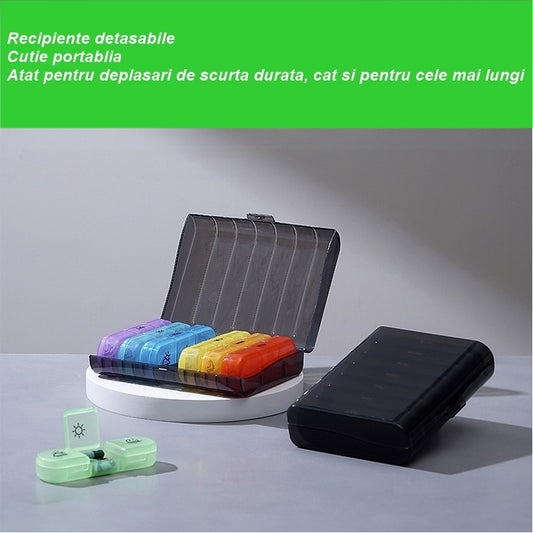 Organizator Medicamente Saptamanal, 7 Zile cu 21 Compartimente Detasabile, Suport Portabil cu Marcaje Dimineata Pranz Seara, Plastic fara BPA, Multicolor si Negru, 15.6x12 cm