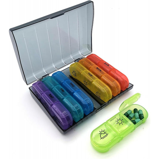 Organizator Medicamente Saptamanal, 7 Zile cu 21 Compartimente Detasabile, Suport Portabil cu Marcaje Dimineata Pranz Seara, Plastic fara BPA, Multicolor si Negru, 15.6x12 cm