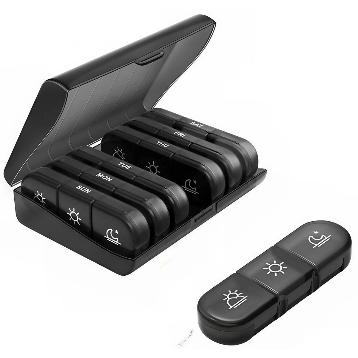 Organizator Medicamente Saptamanal, 7 Zile cu 21 Compartimente Detasabile, Suport Pastile Dimineata Pranz Seara, Plastic Fara BPA, Negru, 15.6x12 cm