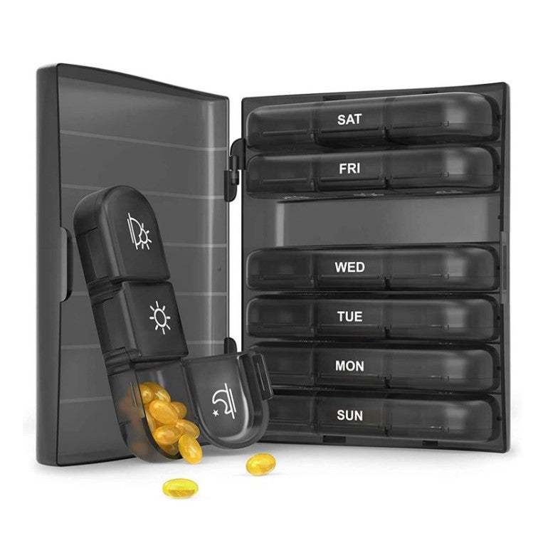 Organizator Medicamente Saptamanal, 7 Zile cu 21 Compartimente Detasabile, Suport Pastile Dimineata Pranz Seara, Plastic Fara BPA, Negru, 15.6x12 cm