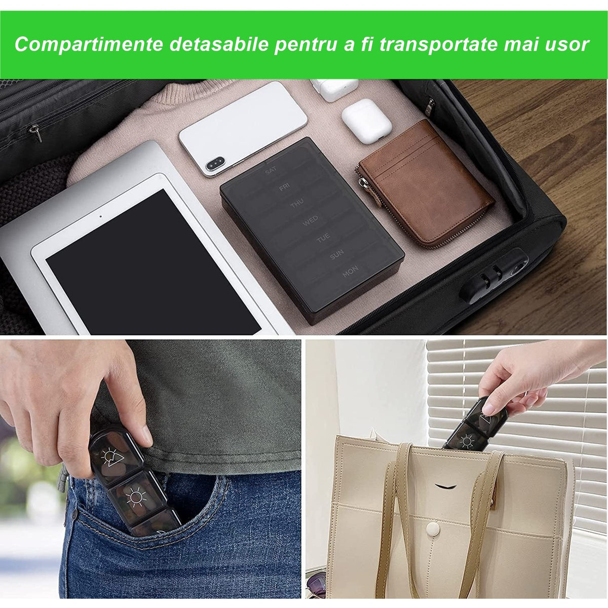 Organizator Medicamente Saptamanal, 7 Zile cu 21 Compartimente Detasabile, Suport Pastile Dimineata Pranz Seara, Plastic Fara BPA, Negru, 15.6x12 cm