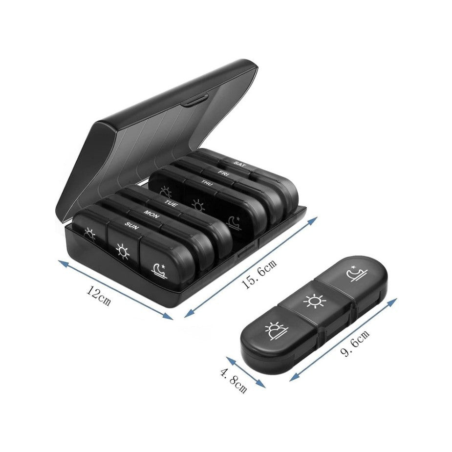Organizator Medicamente Saptamanal, 7 Zile cu 21 Compartimente Detasabile, Suport Pastile Dimineata Pranz Seara, Plastic Fara BPA, Negru, 15.6x12 cm