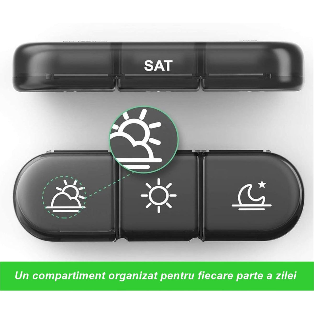 Organizator Medicamente 7 Zile, Cutie Depozitare Pilule cu 21 Compartimente Detasabile, Planificator Dimineata Pranz Seara, Plastic Fara BPA, Negru si Transparent, 15.6x12 cm