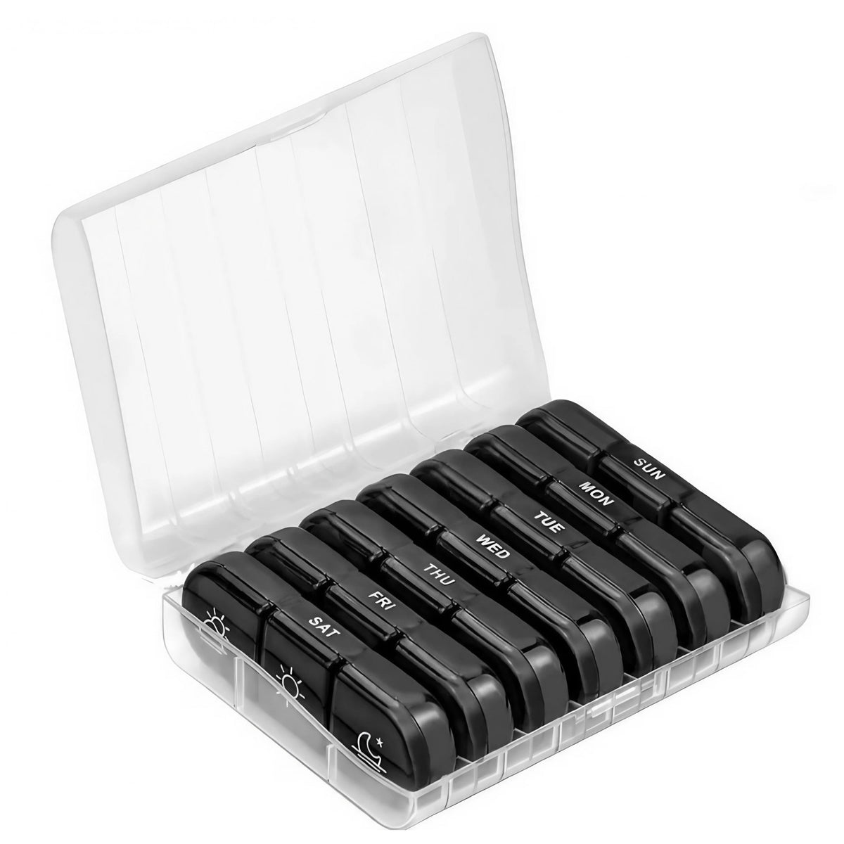 Organizator Medicamente 7 Zile, Cutie Depozitare Pilule cu 21 Compartimente Detasabile, Planificator Dimineata Pranz Seara, Plastic Fara BPA, Negru si Transparent, 15.6x12 cm